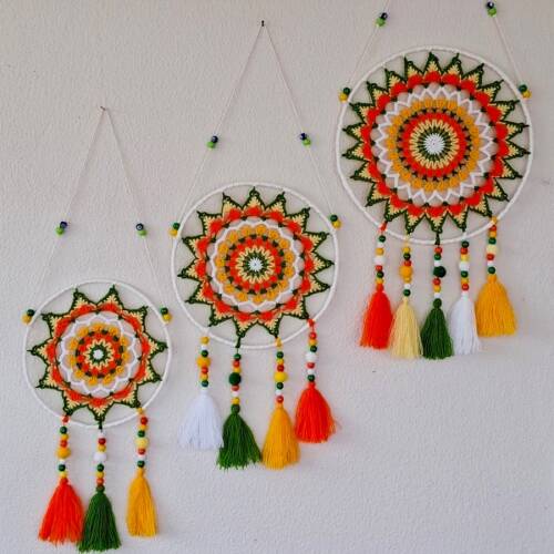 3’lü Set- Karışık Renkli Dekoratif Mandala Duvar Süsü - Türesin Hobi