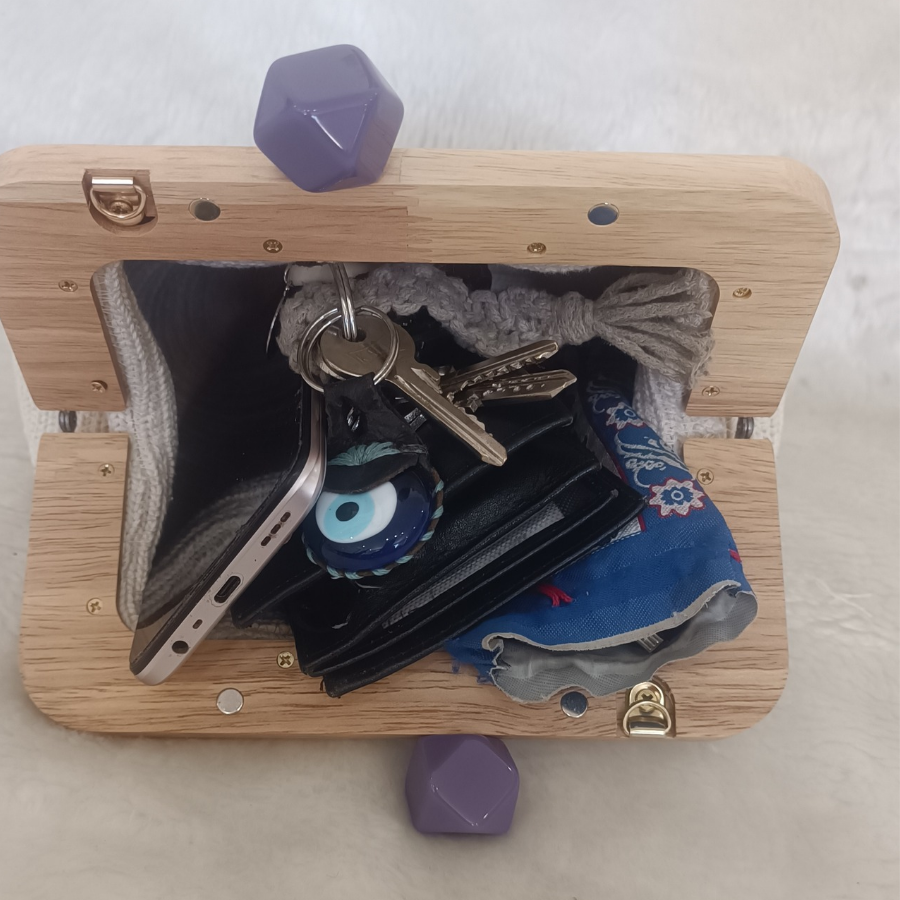 Ahşap burslu  el yapımı Clutch & Omuz Çantası - 4