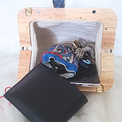 Ahşap burslu kremrengi  mavi geçişli modern tasarım el,clutch çanta - 3