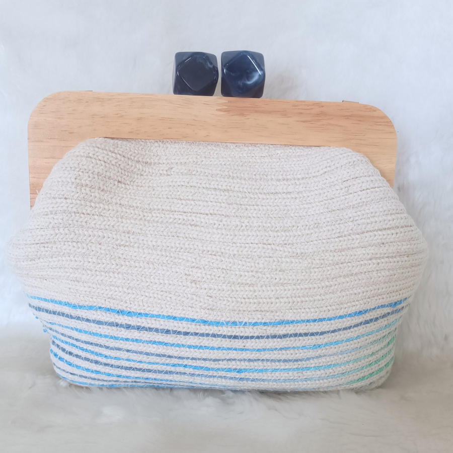 Ahşap burslu kremrengi  mavi geçişli modern tasarım el,clutch çanta - 1