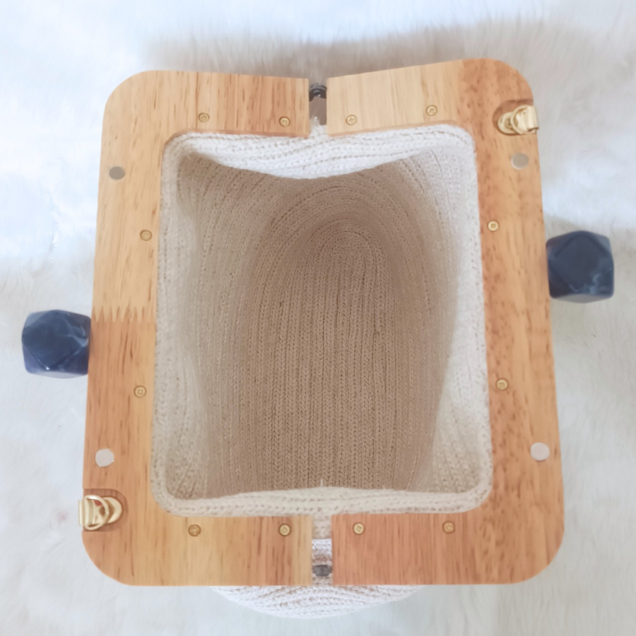 Ahşap burslu kremrengi  mavi geçişli modern tasarım el,clutch çanta - 2