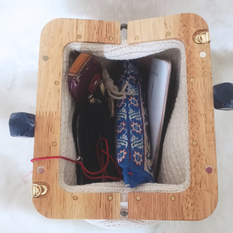 Ahşap burslu kremrengi  mavi geçişli modern tasarım el,clutch çanta - 5