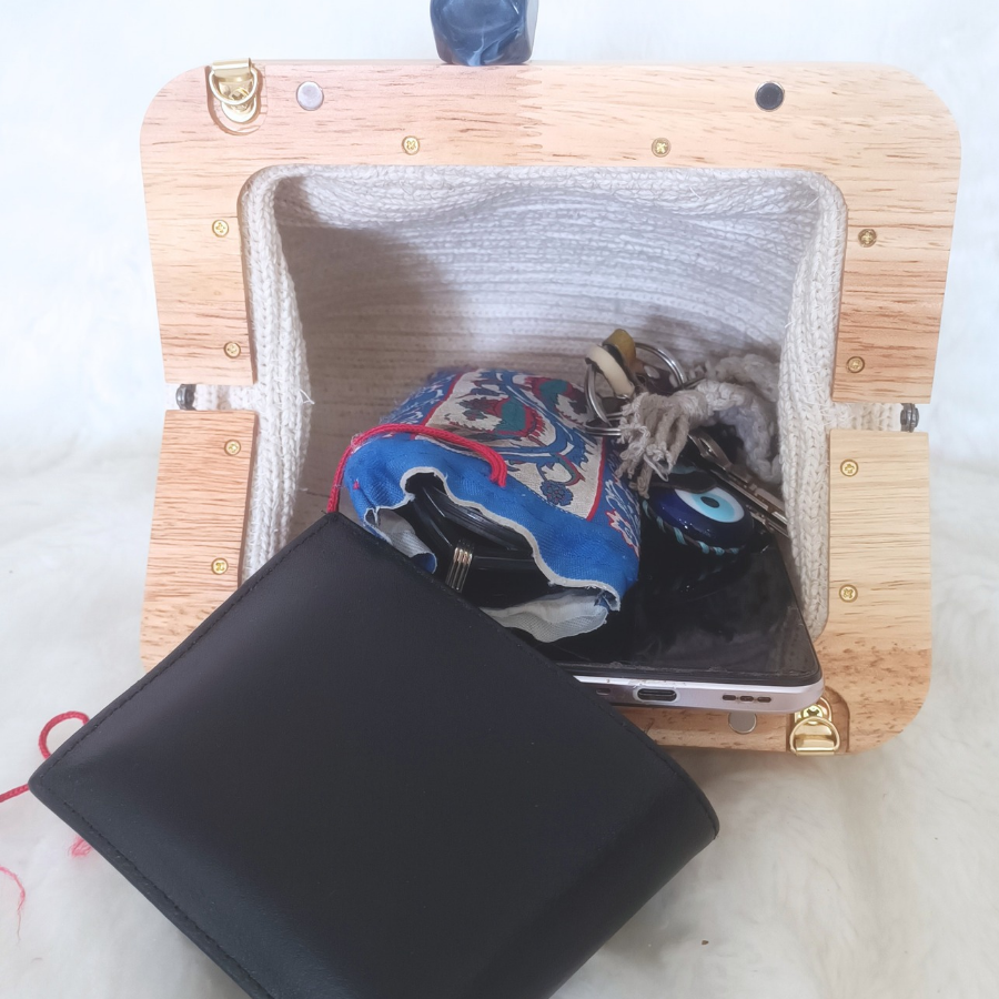 Ahşap burslu kremrengi  mavi geçişli modern tasarım el,clutch çanta - 5