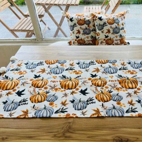 Balkabaklı desen Duck Keten Runner, Kırlent kılıfı seti - 3