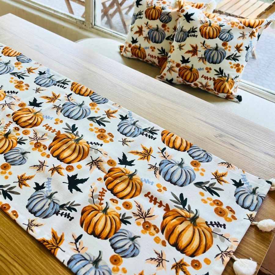 Balkabaklı desen Duck Keten Runner, Kırlent kılıfı seti - 1