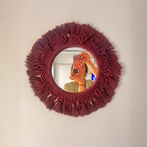 Bohem Tarzı Mor Makrome Duvar Aynası – El Yapımı 37x37 cm - 2