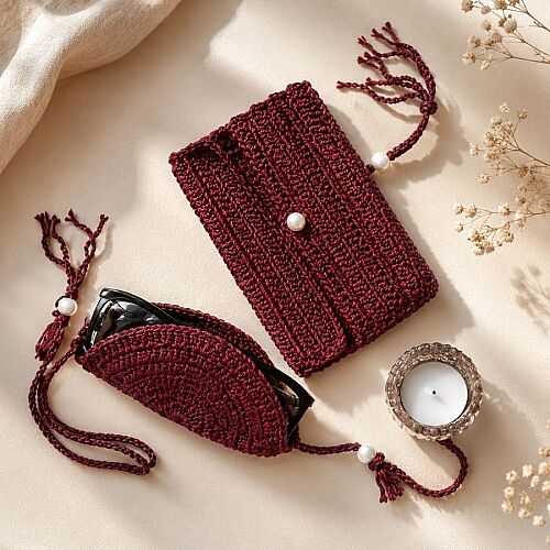 Bordo Makrome Çanta ve Gözlük Kılıfı Seti - 3