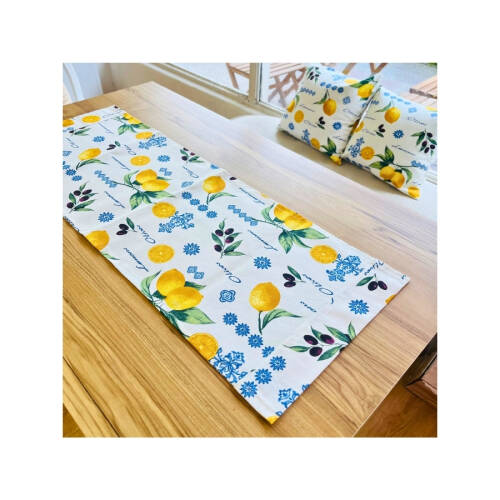 Limon Desen Duck Keten Runner, Kırlent Kılıfı Seti - 2