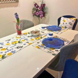 Limon Desen Duck Keten Runner, Kırlent Kılıfı Seti - 2