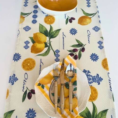 Limon Desen Duck Keten Runner, Kırlent Kılıfı Seti - 3