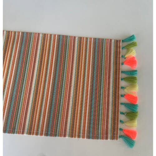 Renkli Püsküllü Duck Keten Runner, Kırlent kılıfı Seti - 3