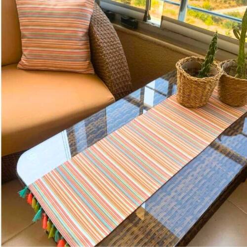 Renkli Püsküllü Duck Keten Runner, Kırlent kılıfı Seti - 2