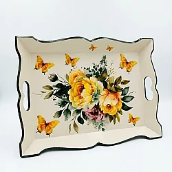 El Boyaması Çiçek Desenli Dekoratif Ahşap Tepsi - 1