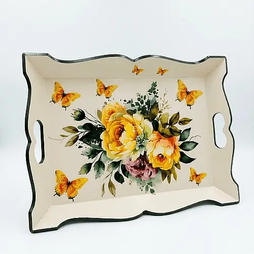 El Boyaması Çiçek Desenli Dekoratif Ahşap Tepsi - 1