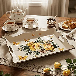 El Boyaması Çiçek Desenli Dekoratif Ahşap Tepsi - 2