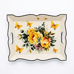 El Boyaması Çiçek Desenli Dekoratif Ahşap Tepsi - 3