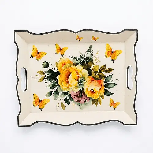 El Boyaması Çiçek Desenli Dekoratif Ahşap Tepsi - 3