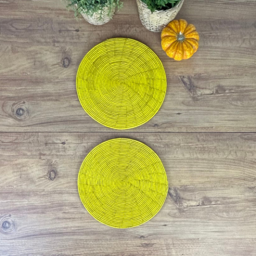 El Yapımı Sarı 2’li Hasır Supla Seti 30cm Çap – Amerikan Servis, Dayanıklı Örgü, Modern Rustik Masa Dekoru - Sodecoration