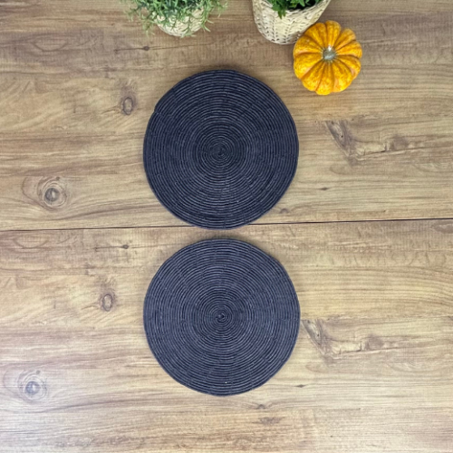 El Yapımı Siyah 2’li Hasır Supla Seti 30cm Çap – Amerikan Servis, Dayanıklı Örgü, Modern Rustik Masa Dekoru