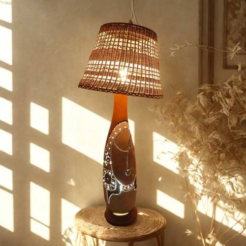 Bambu Başlıklı Su Kabağı Aydınlatma | El Yapımı Doğal Masa Lambası - 5