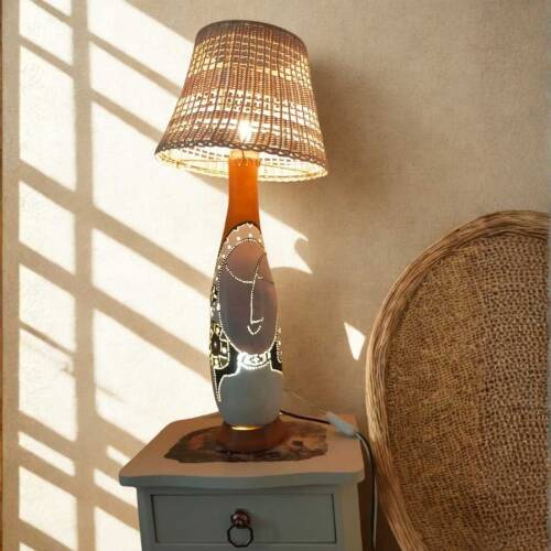 Bambu Başlıklı Su Kabağı Aydınlatma | El Yapımı Doğal Masa Lambası - 2