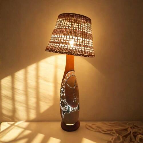 Bambu Başlıklı Su Kabağı Aydınlatma | El Yapımı Doğal Masa Lambası - 3