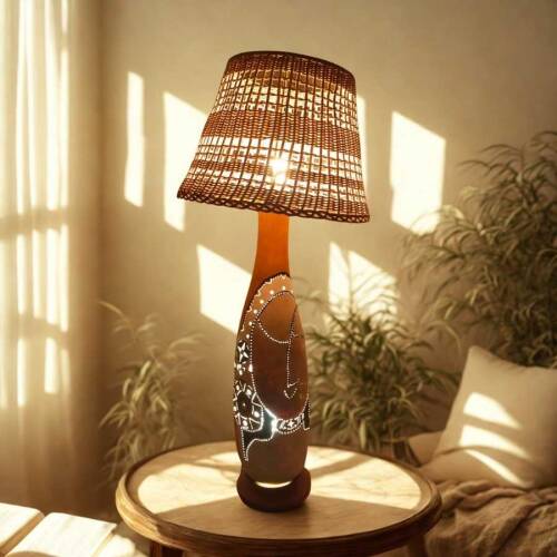 Bambu Başlıklı Su Kabağı Aydınlatma | El Yapımı Doğal Masa Lambası - 4