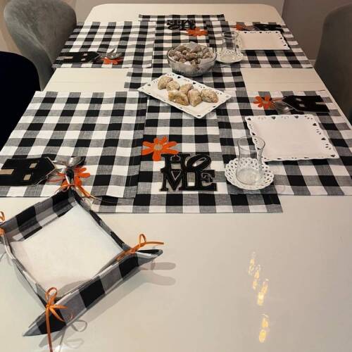 Home aplikeli Siyah Ekose Duck Keten Runner, Amerikan servis seti 