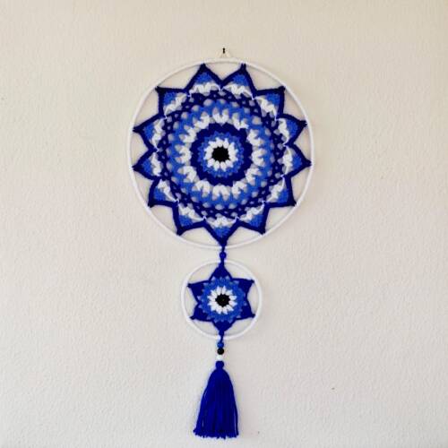 İki Halkalı Mandala Duvar Süsü – Mavi Boncuklu & Ponponlu Tığ İşi Dekor - Türesin Hobi