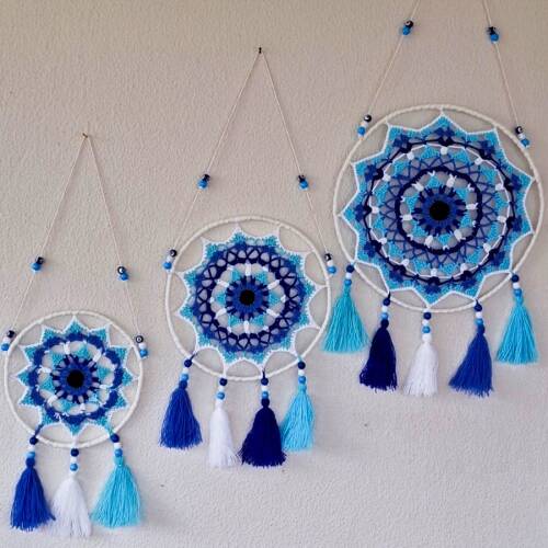 Mandala Duvar Süsü 3’lü Set – Mavi & Turkuaz Tonlu Püsküllü Tığ İşi Dekor - Türesin Hobi