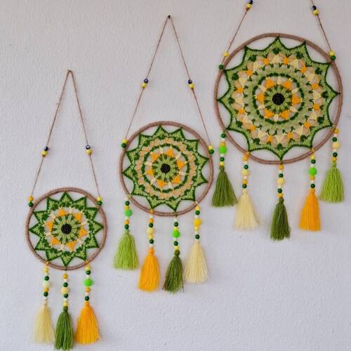 Mandala Duvar Süsü 3’lü Set – Karışık Renk Püsküllü Dekor - Türesin Hobi