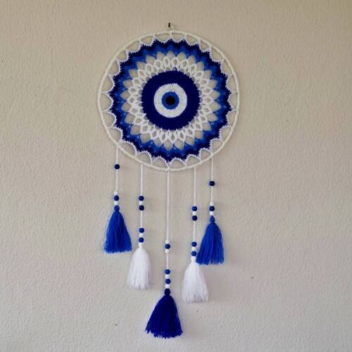 Mandala Duvar Süsü – Lacivert & Beyaz Boncuklu, Ponponlu (30x85 cm) - Türesin Hobi