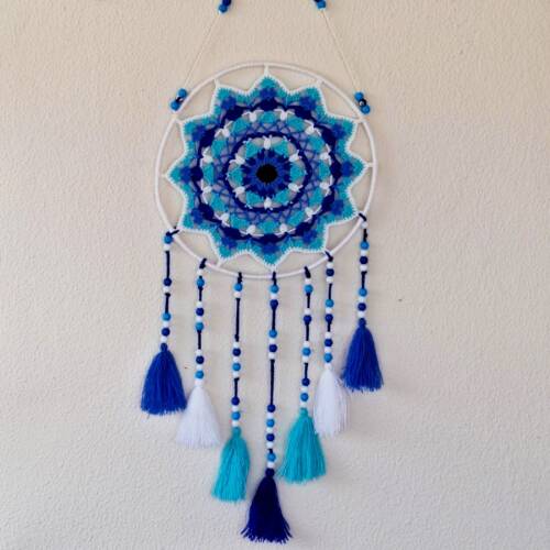 Mandala Duvar Süsü – Mavi & Turkuaz Boncuklu, Ponponlu (30x85 cm) - Türesin Hobi