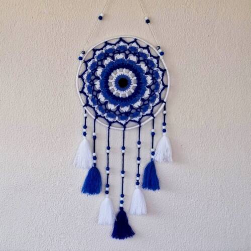 Mavi Mandala Duvar Süsü – Boncuklu & Ponponlu Tığ İşi Dekor 30x85 - Türesin Hobi