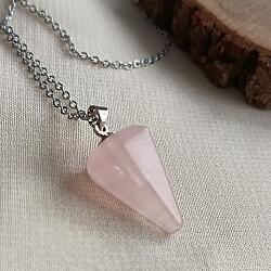 Pembe Kuvars Taşı Doğal Taş Pandül Kolye - 4