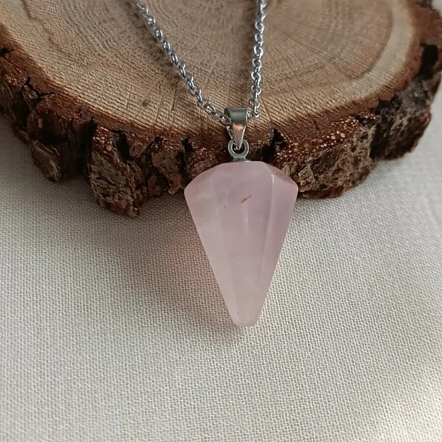Pembe Kuvars Taşı Doğal Taş Pandül Kolye - 5