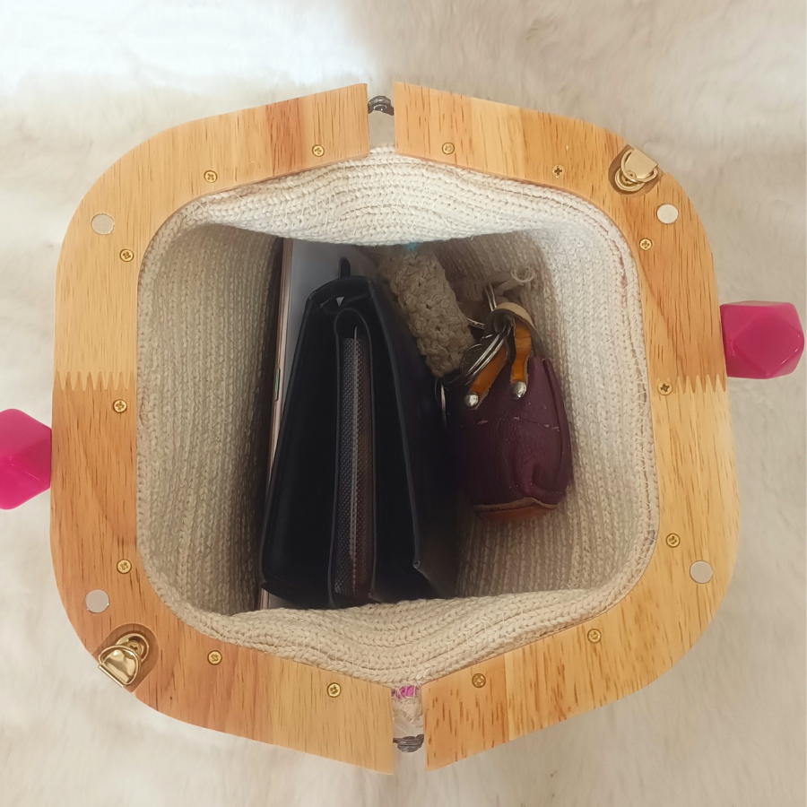  Ahşap Burslu,Renk Geçişli   Fonksiyonel El Yapımı Çanta  - 5