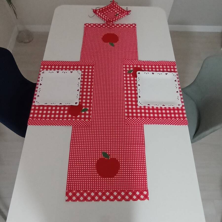 Elma Aplikeli Kırmızı Ekose Duck Keten Runner, Amerikan Servis set - 2