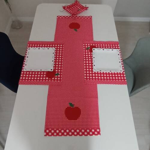 Elma Aplikeli Kırmızı Ekose Duck Keten Runner, Amerikan Servis set - 2