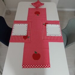 Elma Aplikeli Kırmızı Ekose Duck Keten Runner, Amerikan Servis set  - 2
