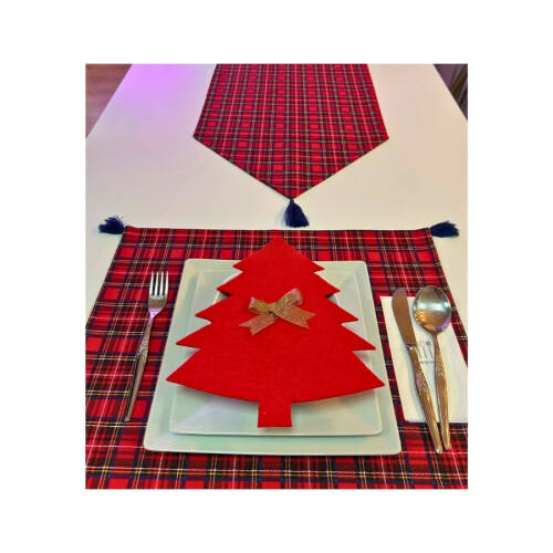 Kırmızı-Laci Ekose Duck Keten Runner, Amerikan servis Seti - 4