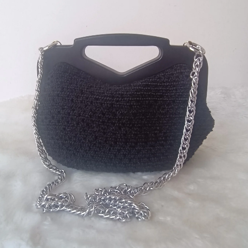 Siyah Şönil Ahşap Burslu Çanta - Minenin Sandığı