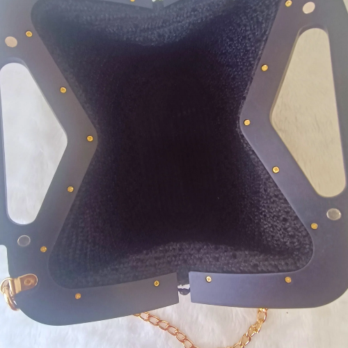 Siyah Şönil Ahşap Burslu Çanta - 2