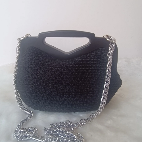 Siyah Şönil Ahşap Burslu Çanta - 3