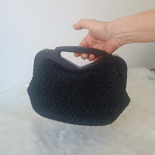 Siyah Şönil Ahşap Burslu Çanta - 5