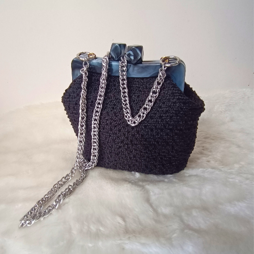  Siyah Şönil İp Tasarım Akrilik Burslu Çanta - 2