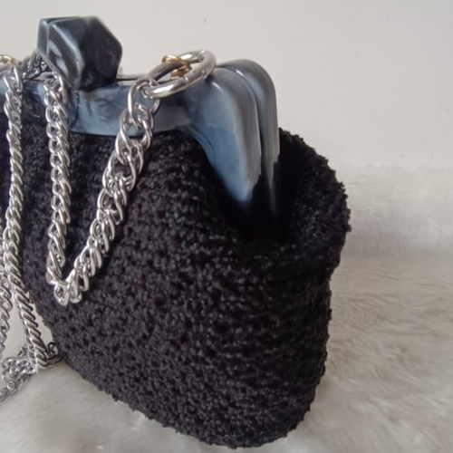  Siyah Şönil İp Tasarım Akrilik Burslu Çanta - 4