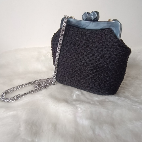  Siyah Şönil İp Tasarım Akrilik Burslu Çanta - 6